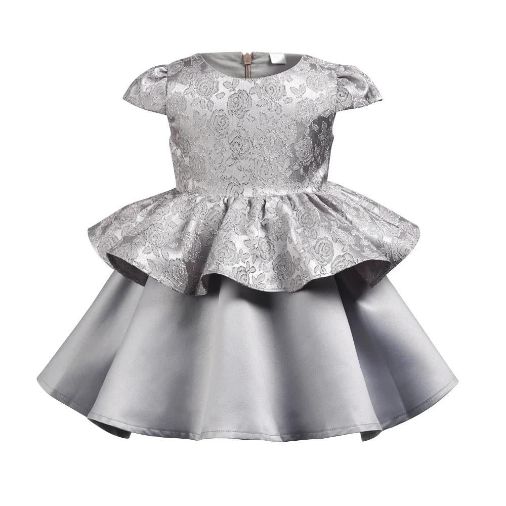 

Baby Girl Princess Dress With Bow-knot Hair Band Silver Gray Flower Children Evening Dresses For Birthday Party Wedding Dress