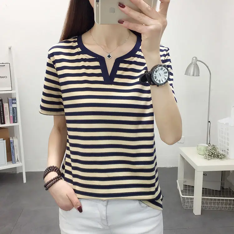 

95 cotton stripe t-shirt female short sleeve loose top summer 2021 new middle aged mother V-neck half sleeve T-shirt
