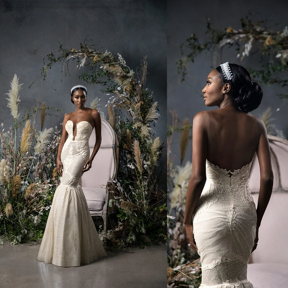 

African Plus Size Wedding Dresses Sequins Appliques Sweetheart Country Wedding Dress Sweep Train Mermaid Bridal Gowns