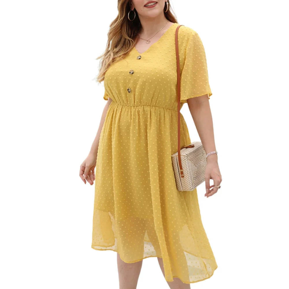 

2021 New Summer Women V-neck Short Sleeve Solid Knee-Length Plus Size Dress Office Lady Elegant Fashion Dresses Beach Style