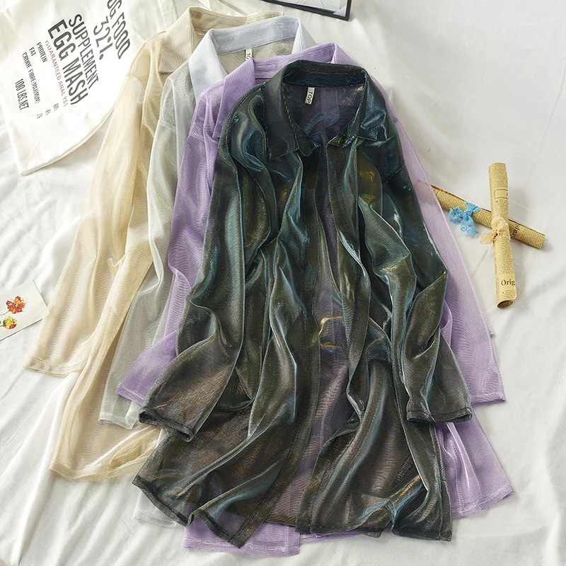 

Color Change Loose Long Thin Chiffon Shirts Laser Perspective Sunscreen Blouses Coat Cardigan Sun Protection Tops Streetwear