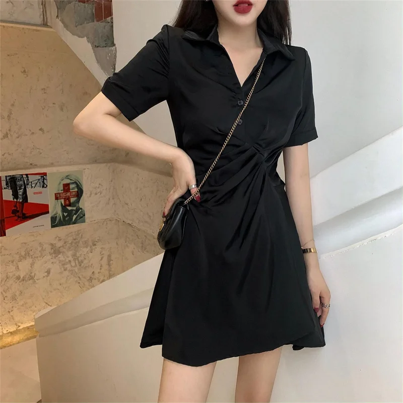 

Pleated Elegant Black Dress For Women Blouse Collar Woman Dresses