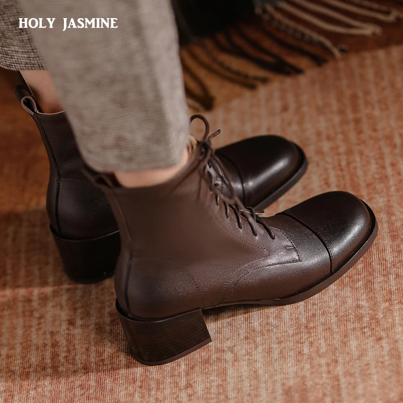 

Platform Boots Fashion Concise Women Ankle Boots Popular High Heels Autumn Winter Genuine Leather Cross-Tied Casual Shoes Woman
