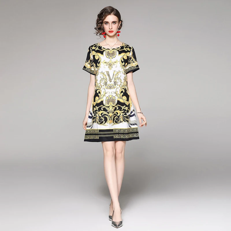 

2021 New Summer Girl`s Beach Dress O-Neck Short Sleeve Fashion Totem Print Slim Bodycon Elegant Party Woman`s A-Line Mini Dress
