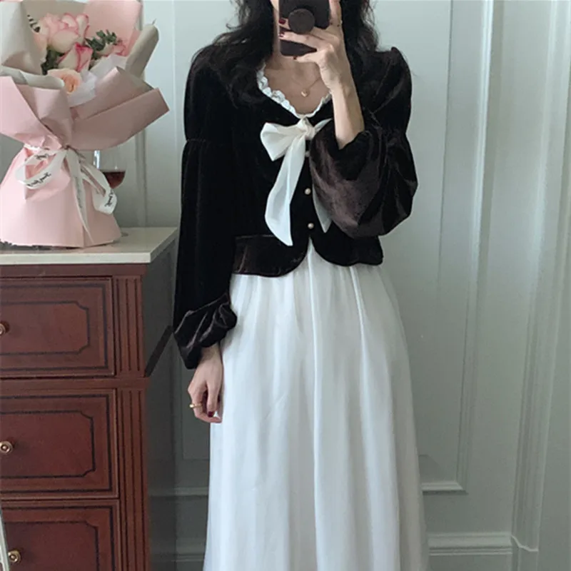 

Alien Kitty Fake Two-piece Stitching Long Dress Women 2022 New Vintage Velvet Bottoming Dresses Square Collar Elegant Vestidos