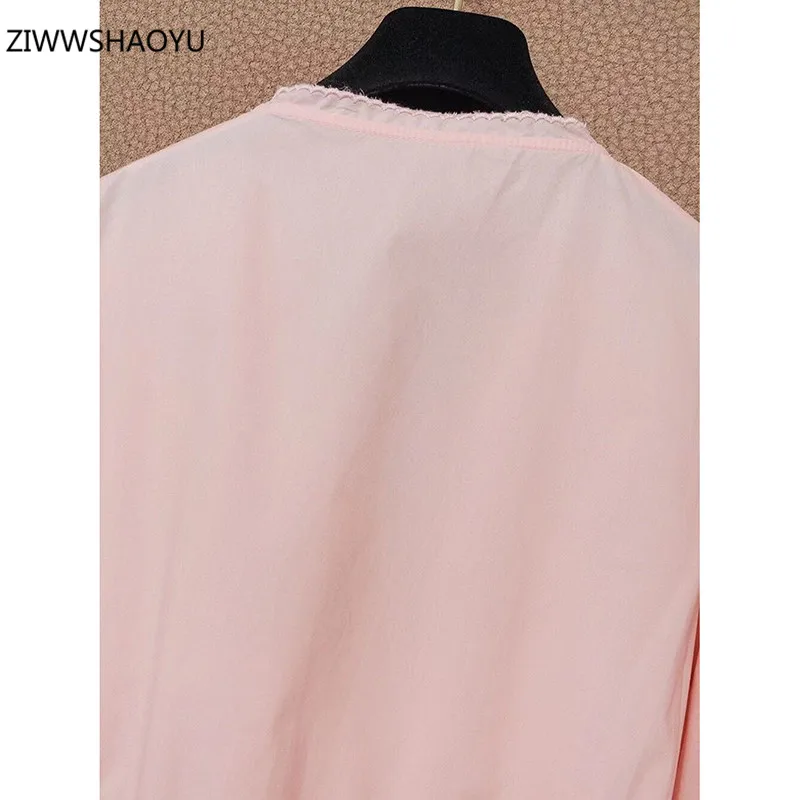 

ZIWWSHAOYU 2021 Women Summer Cotton Pink Home Casual Shirt Solid V-Neck 3/4 Sleeve Belt Lace Lace Up Thin Women's Shirt