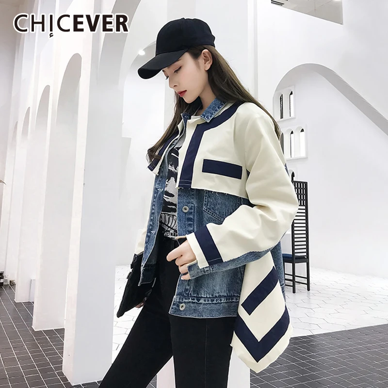 CHICEVER джинсовая женская куртка в стиле пэчворк хит цвета воротник с лацканами