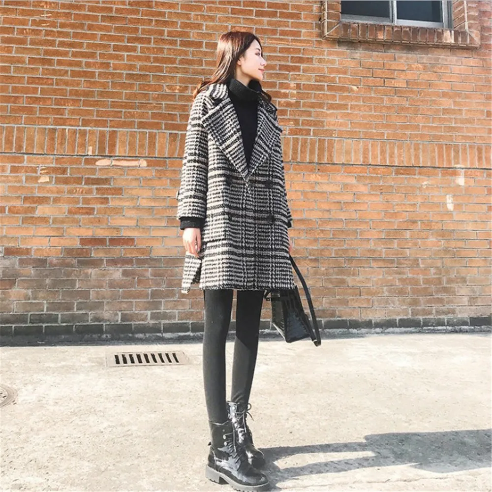 Зимнее женское пальто женские теплые клетчатые шерстяные с отложным воротником