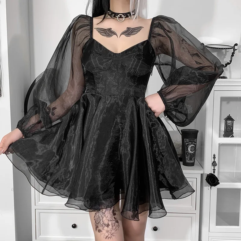 

Goth Dark Sexy A Line Dress Y2k Women Academia Lace Patchwork See Through Puff Sleeve Ruffle Mini Dress High Waist Party Dress
