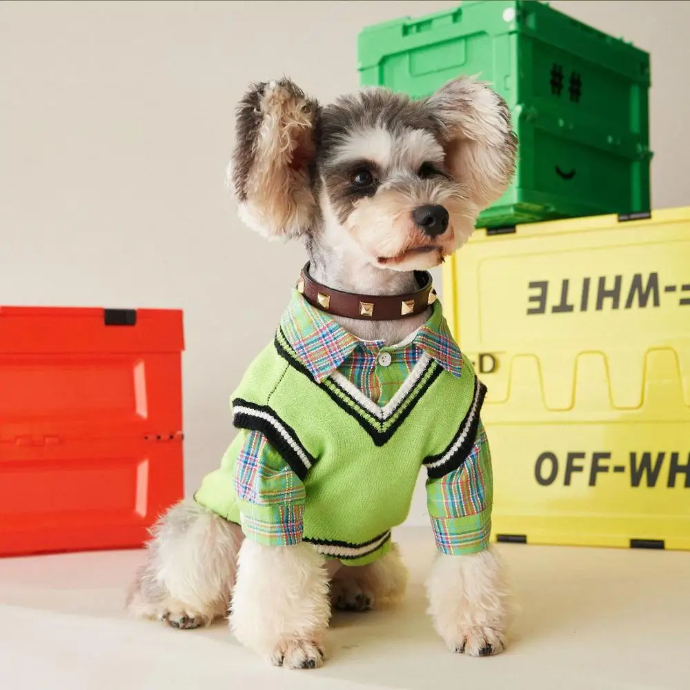 Одежда для домашних животных Осенняя тонкая зеленая рубашка Трикотажный жилет