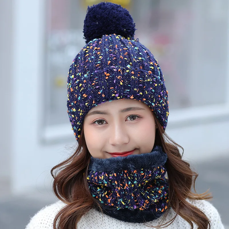 navy Fashion Winter Hat Scarf Set For Women Girl Warm Beanies Cap Lady Ring Scarf Pompoms Winter Hats Knitted Caps Scarf 2 Pieces - Цвет: navy
