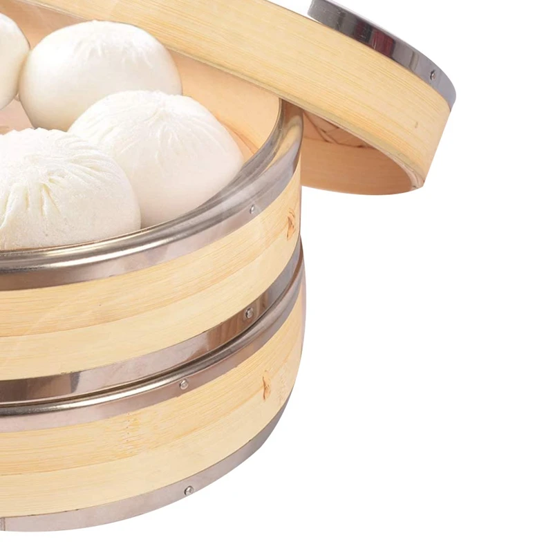 

10 in 2 Tier Bamboo Steamer for Steaming Dim Sum Dumplings Buns Vegetables Meat Fish Rice(With 100 Steamer Paper Liners)