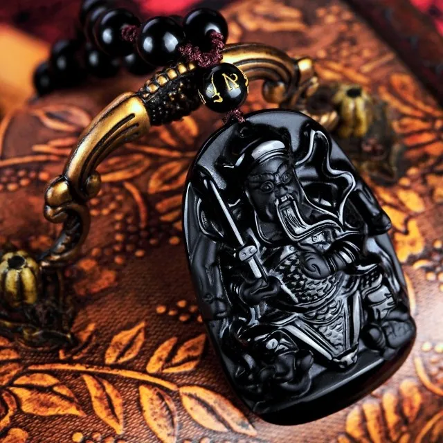 Ожерелье из натуральных черных бусин обсидиана ручной работы кулон Гуань Юй