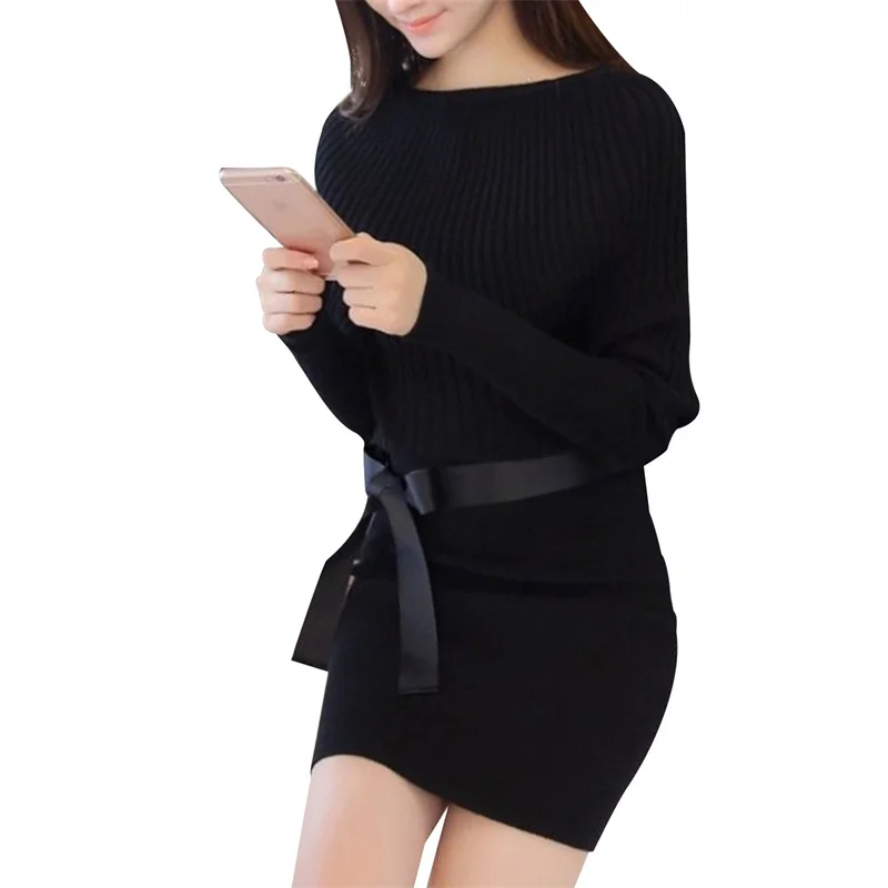 

Женское Облегающее вязаное платье-свитер с длинным рукавом и круглым вырезом