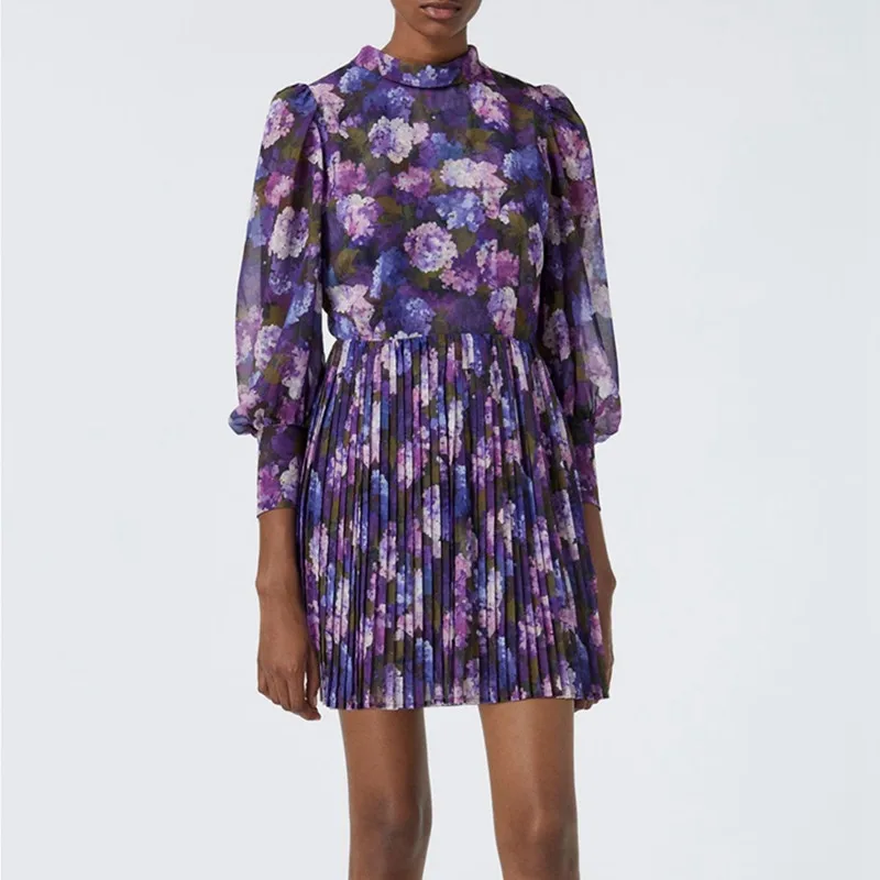 

Floral Printed Mini Dress Women Stand Collar Long Sleeve Pleated Ladies Spring Summer 2021 Short Robe