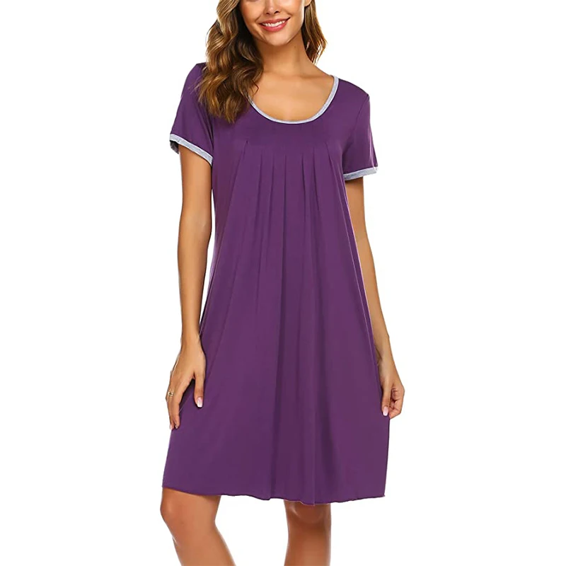 

Women's Nightgown Short Sleeve Sleepwear Comfy Sleep Shirt Pleated Scoopneck Nightshirt S-XXL