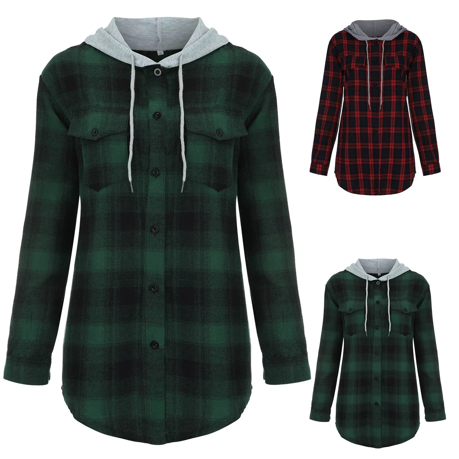 

Fashion Plaid Hooded Jacket Coat Casual Sweatshirt Pockets Zipper Up Coat Streetwear Female Winter Long Sleeve Womens Outerwear