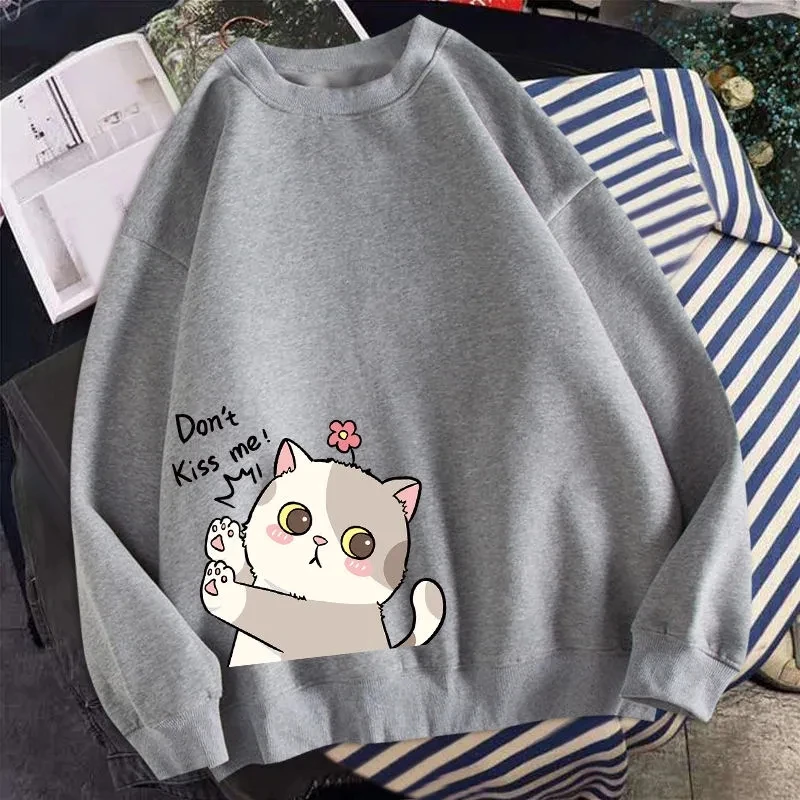 

M-4XL Spring Autumn Harajuku O Neck Women Pullover Sweatshirt Kawaii Anime Cartoon Cat Print Dont Kiss Me Oversized Hoodies Tops