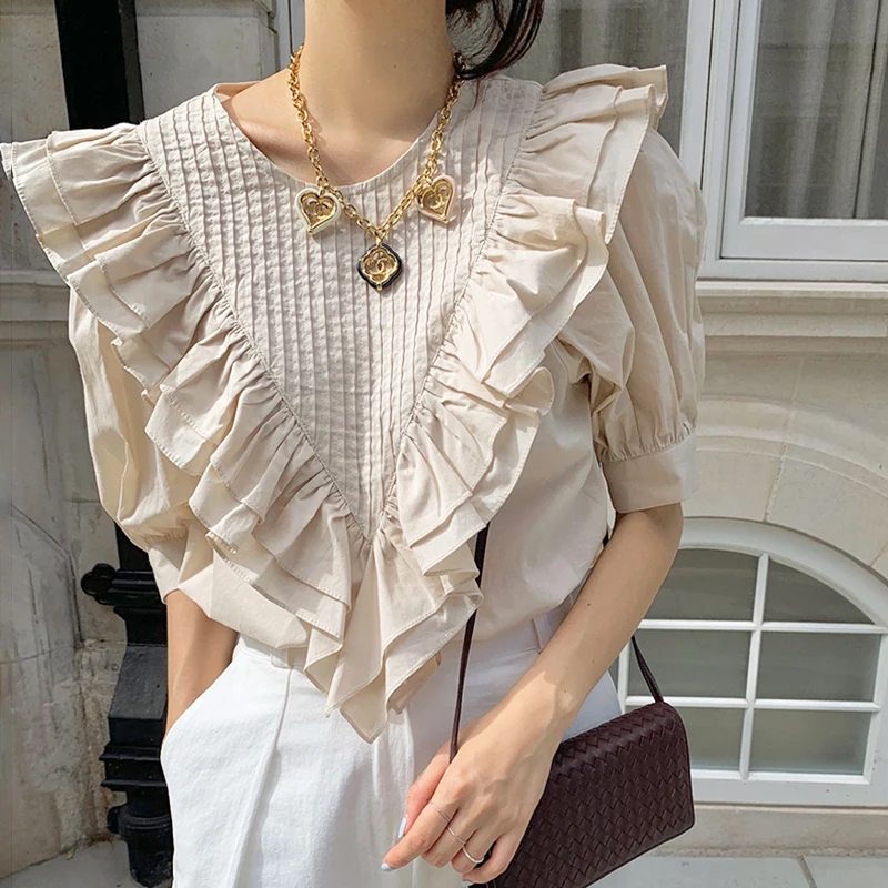 

Women Blouse Korean Chic French Summer O-Neck Heavy Industry Folds Tops Ruffle Stitching Loose Puff Sleeve Shirt Femme