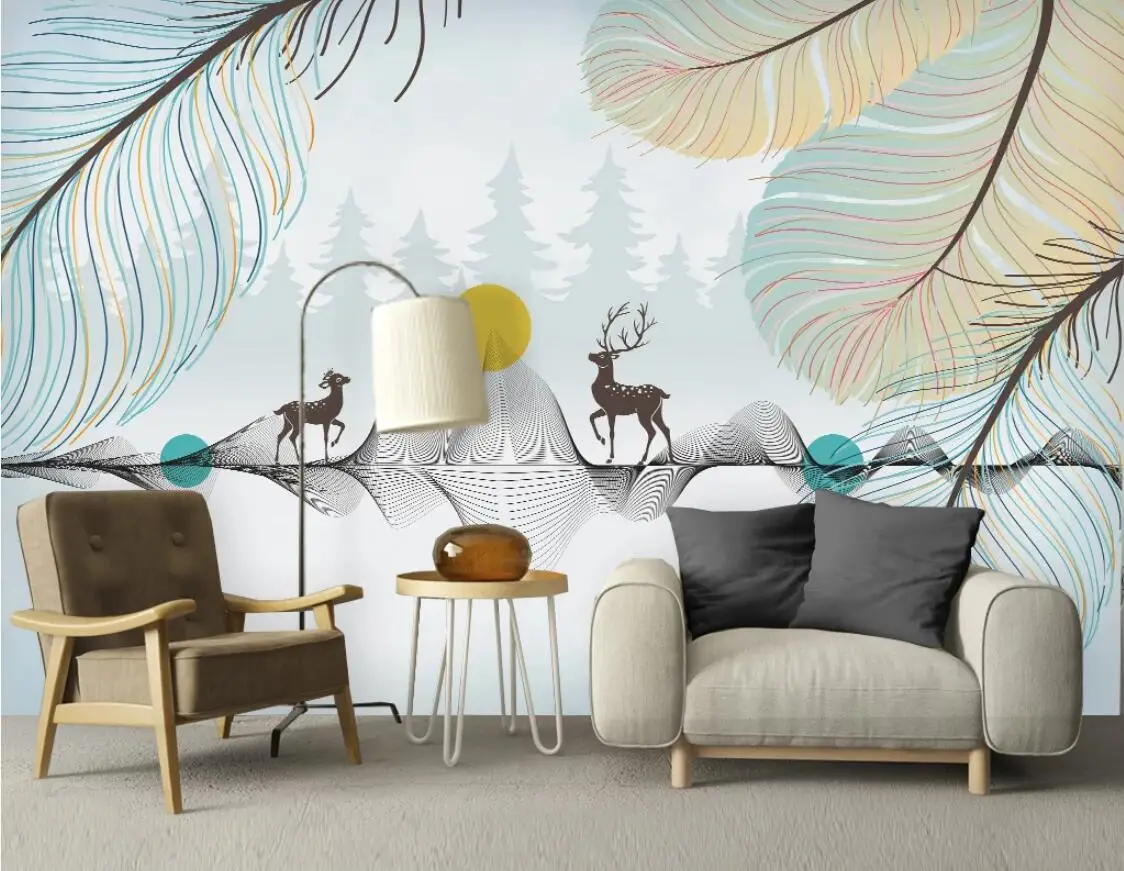 Настенная роспись с синими перьями и деревьями для детской спальни обои большим