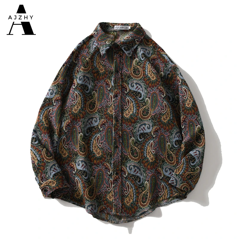 AJZHY винтажная Мужская рубашка с длинным рукавом и пуговицами свободное зимнее