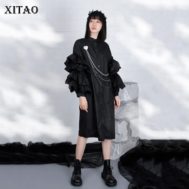 

XITAO, новинка, Трендовое женское платье-рубашка, многослойное, с оборками, с длинным рукавом, модное, одноцветное, свободное, стоячий воротник,...