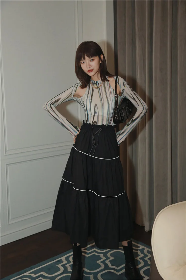 

Skirt Womens 2020 Korean Fashion Clothing Black High Waist Skirt Long A Line Drawstring Midi Ruffle Autumn