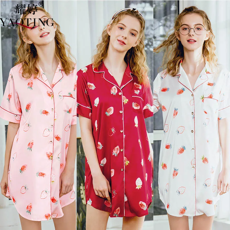 YAO TING 2019 night dress sexy women sleepwear for ladies chemise de nuit wine red pink dark blue black spring autumn | Женская одежда