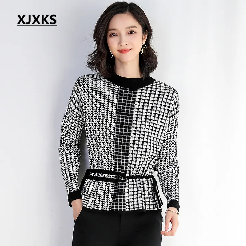 XJXKS 2019 autumn winter new high-end cashmere thick warm women's sweater pullover fashion plaid plus size knitted tops | Женская