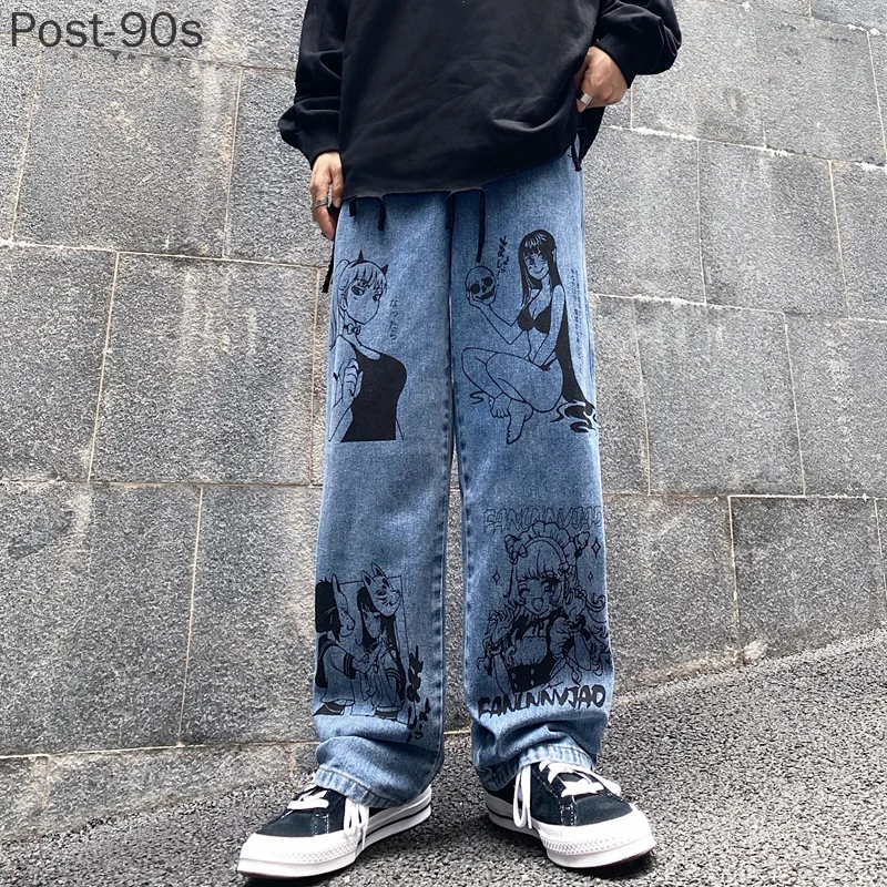 

Vintage Washed Jeans Women Streetwear Jeans Harajuku Cartoon Anime Print Jeans Fashion Man Jeans Loose Wide Leg Pants Cotton