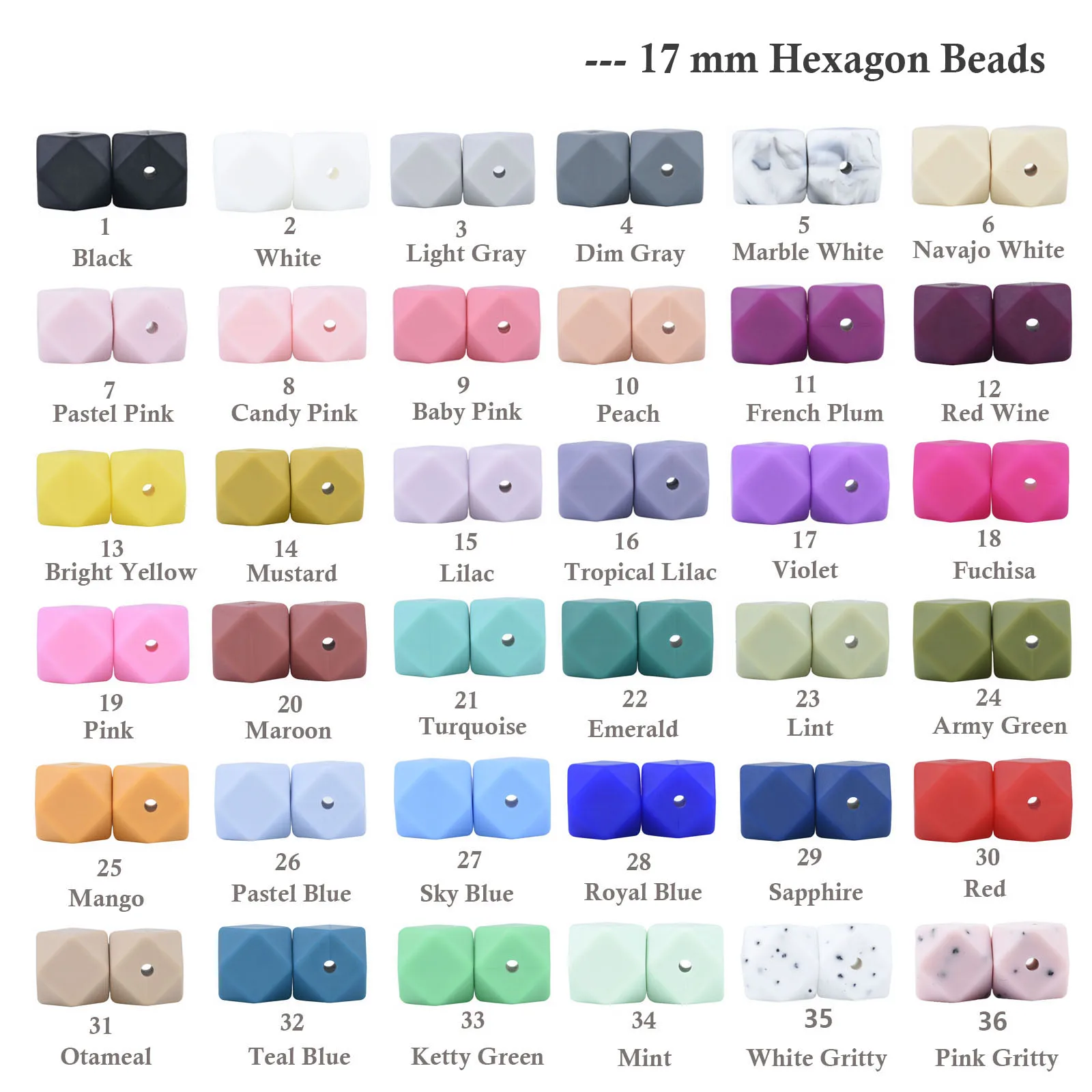 Cuentas de silicona hexagonales para morder de beb&eacute;, collar de dentici&oacute;n, mordedor de silicona de grado alimenticio, cuentas de clip para chupete DIY, 17 MM, 250 Uds.-0