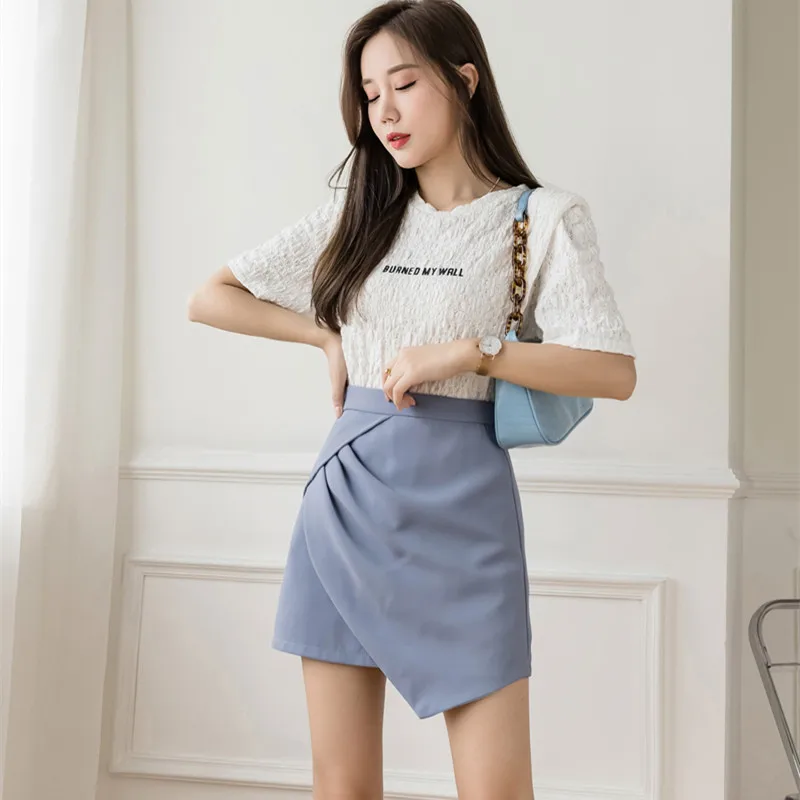 

Korean Fashion Skirts High-waisted Woman Skirts Summer Solid Above Knee Mini Sexy Skirts Women Asymmetric Folds Skirt for Female