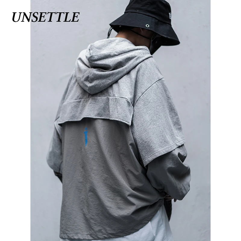 UNSETTLE 2020SS Men/Women Harajuku Japanese Hooded Fake two Hoodie Casual WindbreakerCoats Hip Hop Streetwear Male tops | Мужская одежда