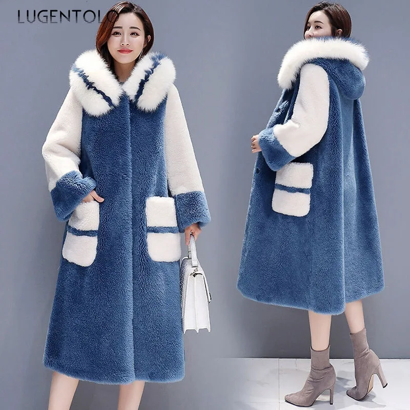 

Lugentolo Blue Fur Coat Women New Winter Faux Cashmere Plus Size with Fur Trim Hood Covered Button Wide-waisted Thick Warm Fur