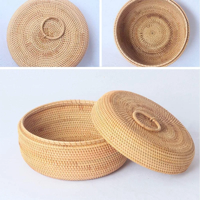 

Round Fruit Basket,Handmade Rattan Food Storage Bowl Kitchen Organizer Snack Serving Bowl with Lid,for Storing Candy,Etc