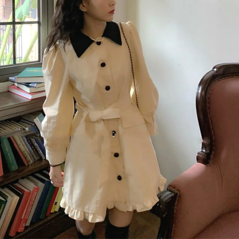 

DANG Vintage Elegant Dress Women Autumn Patchwork Button Sweet Mini Dress Office Lady Casual kawaii Korean One-piece 2021