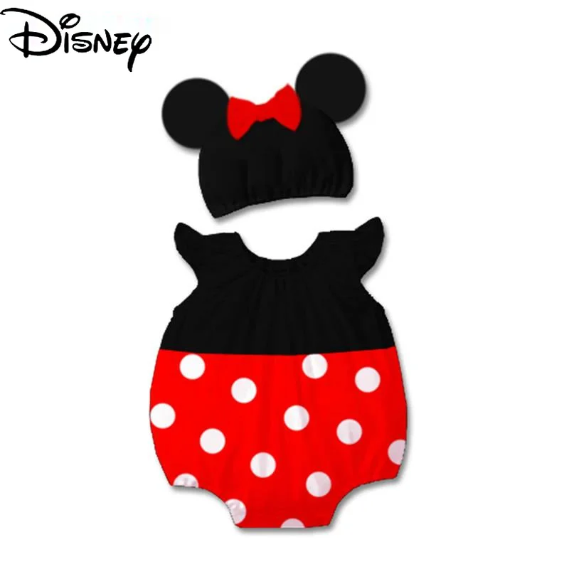 

Disney Minnie Mouse baby girl summer two-piece romper 100% boutique cotton one-piece short-sleeved romper with hat