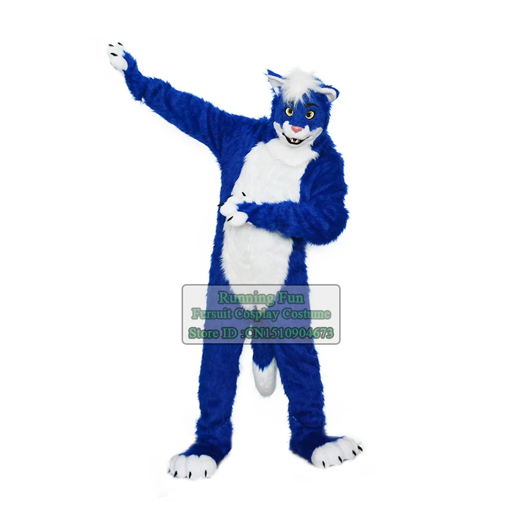 

Blue Long Fur Furry Fox Lion Wolf Fursuit Mascot Costume Adult Animal Cartoon Character Performing Arts Walking Cosplay Suit