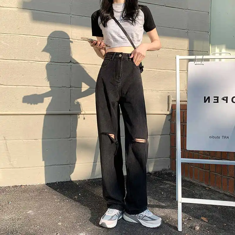 

Black Ripped Jeans for Women 2021new Summer High Waist Loose Straight Daddy Pants Ins Trendy High Street