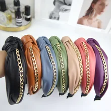 2021 Faux Leather Knot Chain Headband New Simple PU Black Head Hoop Hair Bands Women Hair Accessories Head Bezel (3)