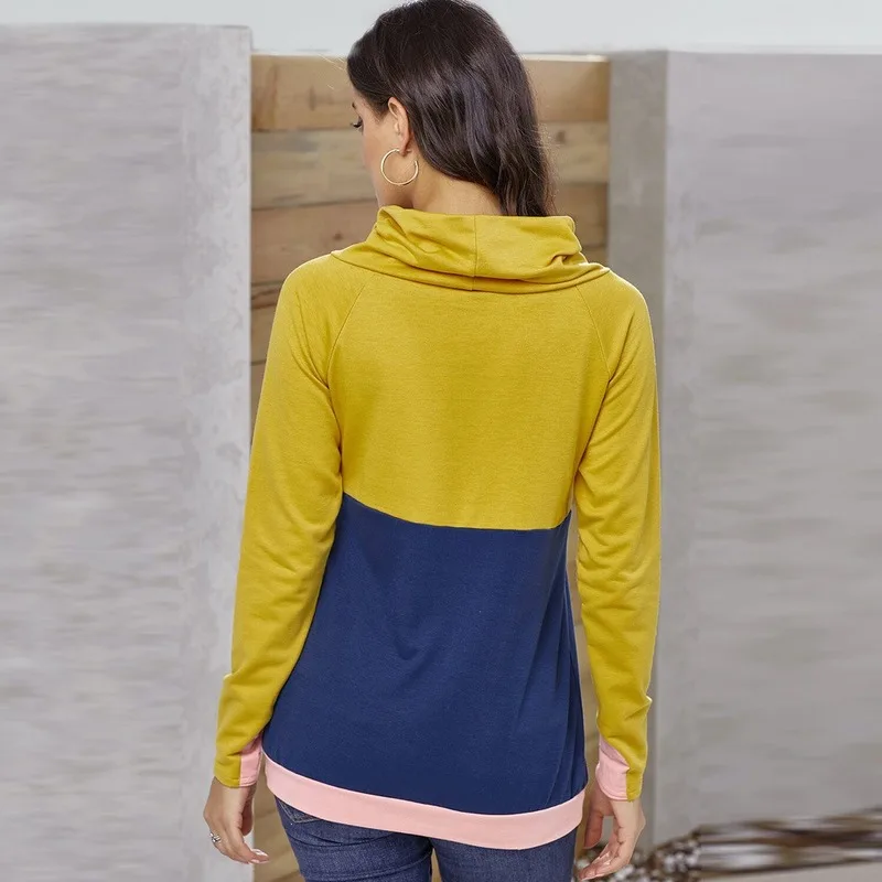 

Women's Autumn and Winter Sweater Turtleneck Three-Color Panel Long-Sleeve Pullover Hoody