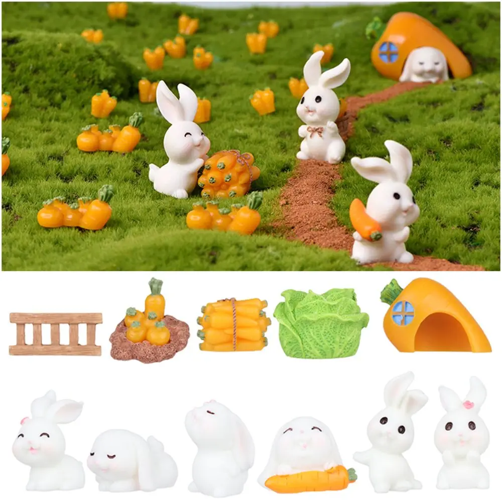

Dollhouse Ornament Animal Craft White Hare Resin Bunny Statue Mini Carrot House Miniature Rabbit Figurine Fairy Garden