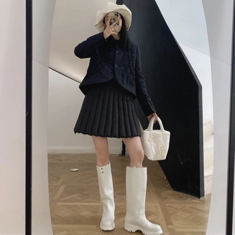 

TVVOVVIN 2021 Fashion Women Sweet Black Full Puff Sleeve Fold Coat Cotton Jacket + Draped Skirt Two 2 Piece Set Girl JI6F