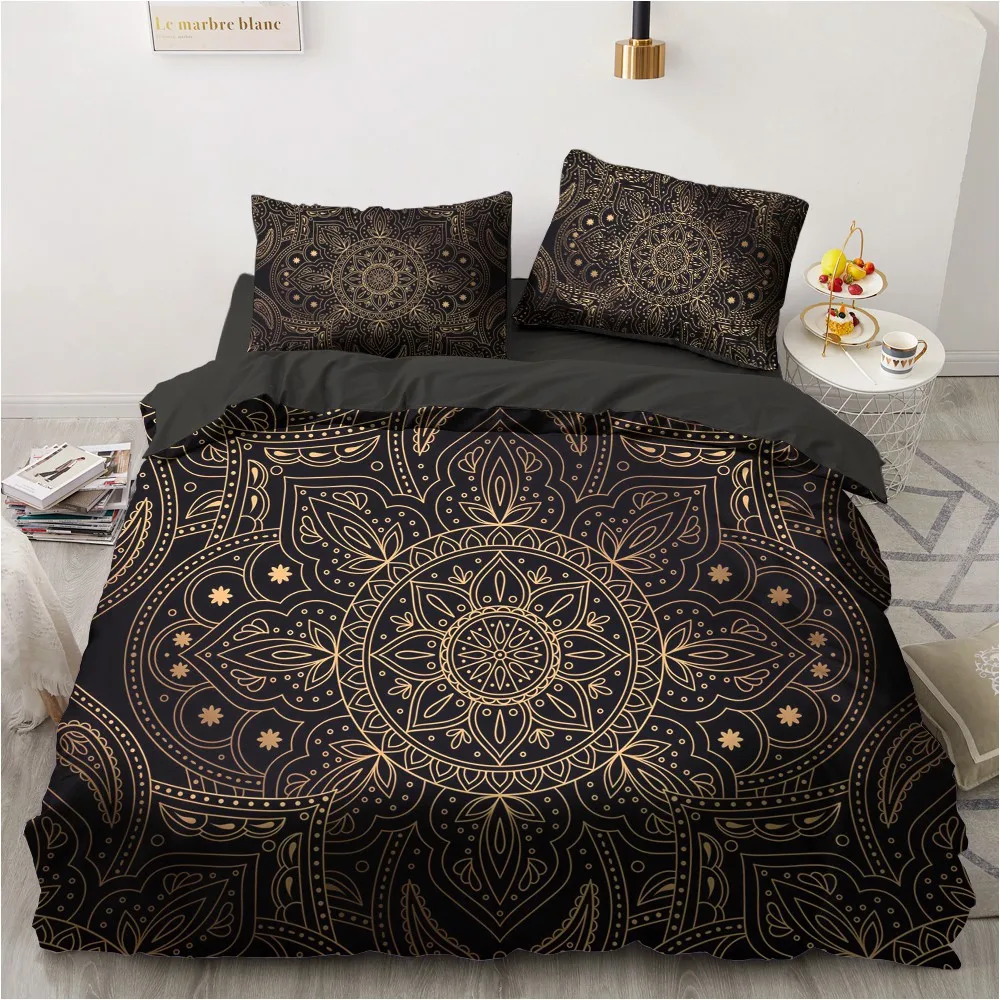 

3D Black Bedclothes Custom Design Gold Figure Quilt Cover Sets Modern Comforther Cases Pillow Slips 200*230cm Full Double Size