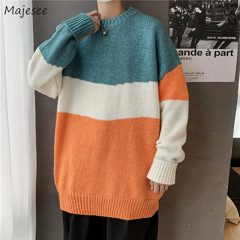 

Men Pullovers O-neck Contrast Color Sweaters Handsome BF Winter Soft Warm Winter Baggy Knit Jumpers All-match Trendy Outwear Ins