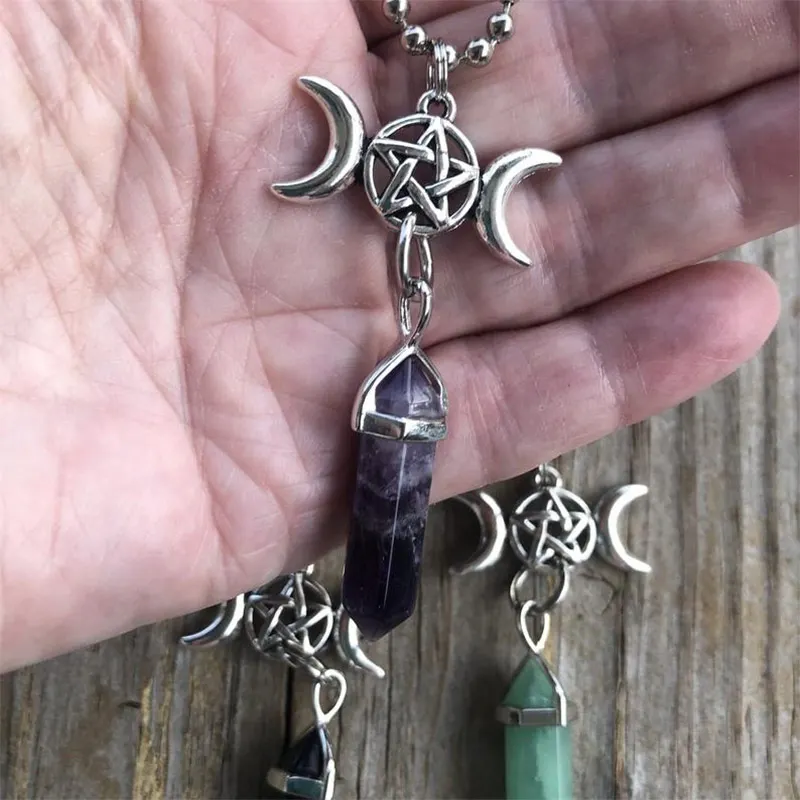 

Triple Moon Goddess Quartz Hexagonal Pointed Pendant Necklace Reiki Chakra Pentagram Divination Wicca Amulet Protection Necklace