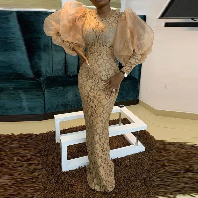 Gorgeous Evening Dresses Puff Sleeve vestidos de festa Africa Long Lace Prom Gowns Sheath Elegant Formal Full | Свадьбы и торжества
