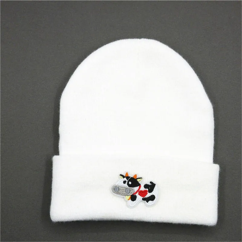 Толстая вязаная шапка с вышивкой животных коровы зимняя теплая Skullies бини для