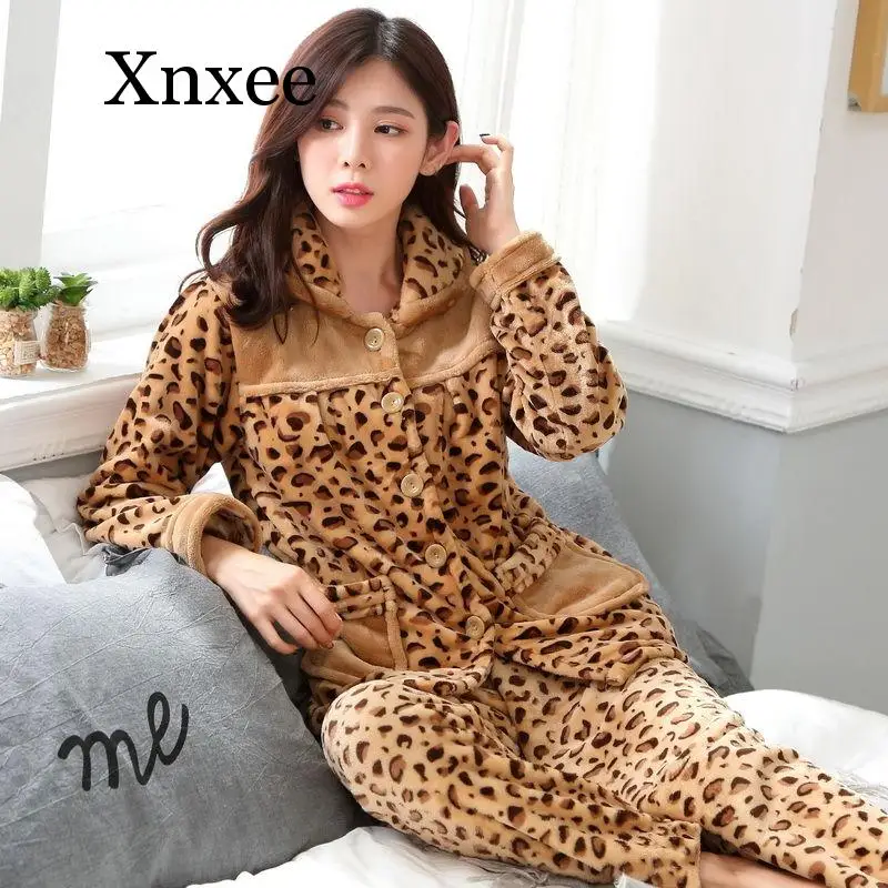 

Autumn winter Women Pajamas Sets Flannel Warm Pyjamas Women Thick Homewear Pajama Flannel Animal Sleepwear female leopard