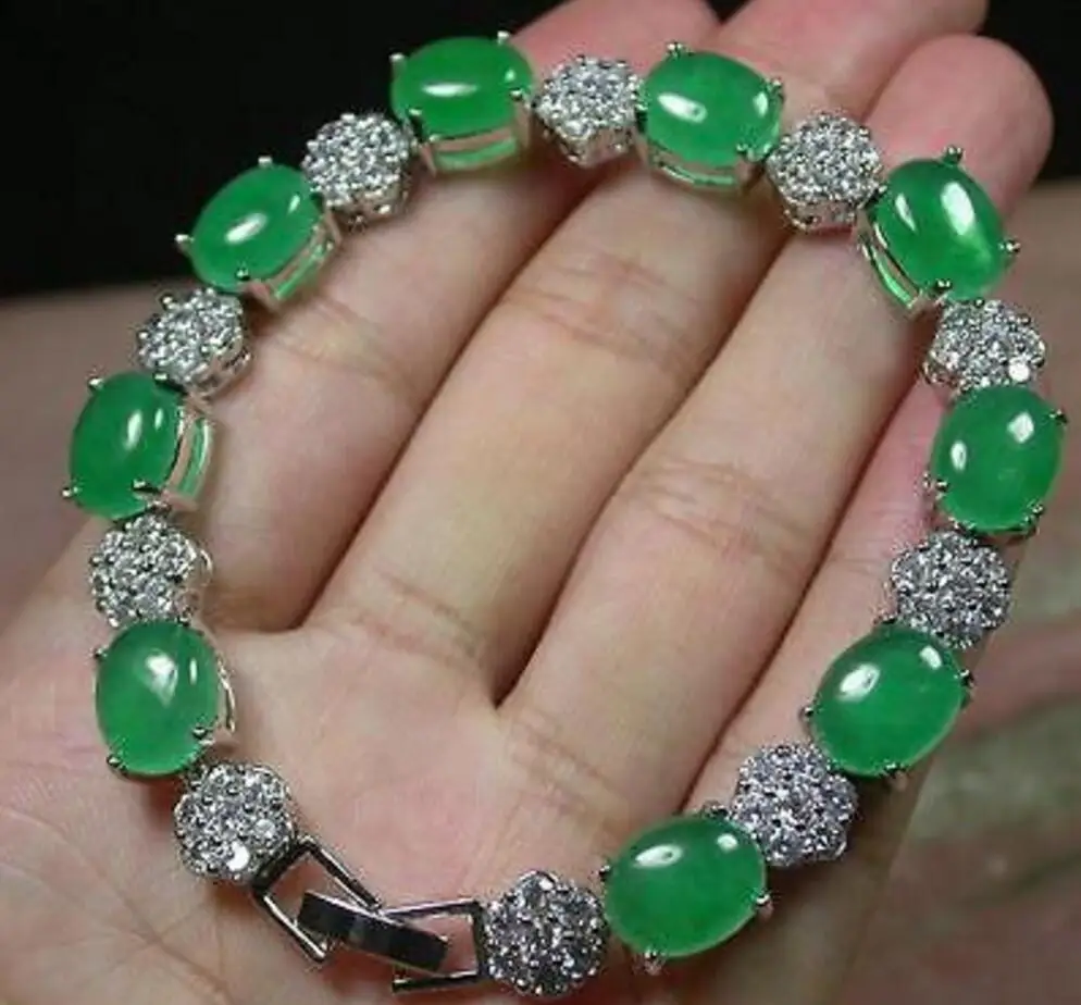 Free shipping new hot Gold Plate ICY Green JADE Cabochon Bangle Bracelet Diamond (Imitation) | Bangles